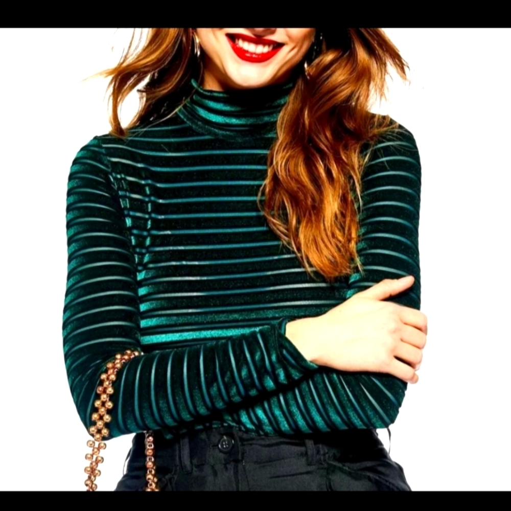NWOT TopShop Green Velvet Stripe Top, sz 8
